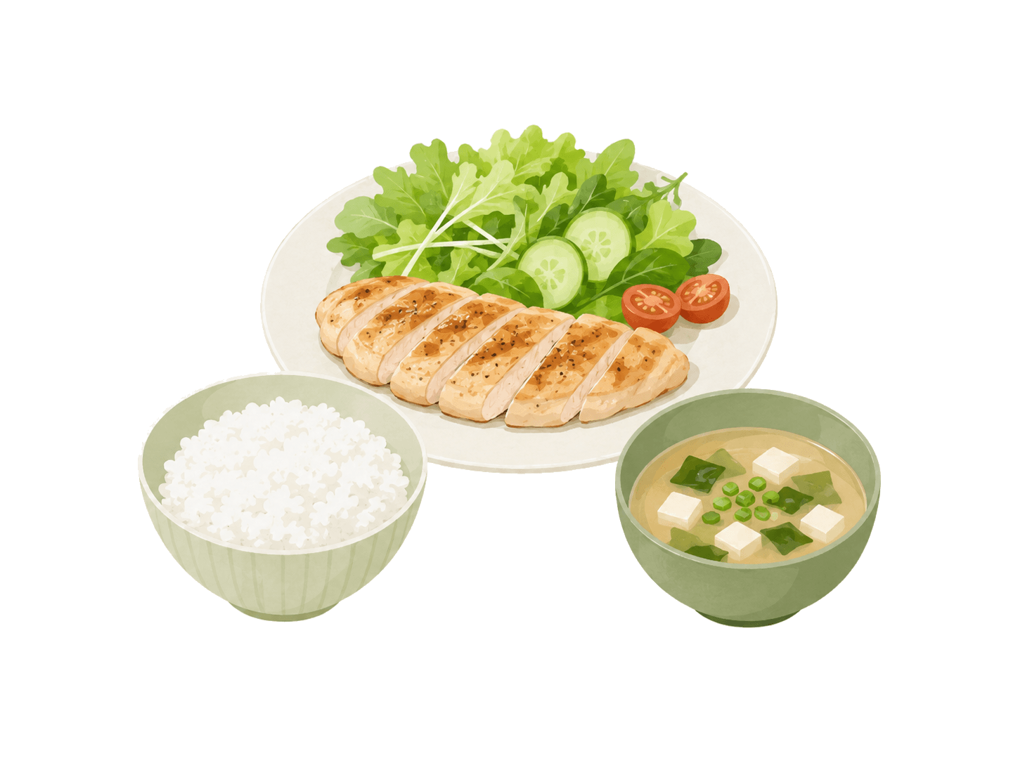 鶏肉のグリル・ごはん・味噌汁・サラダを組み合わせた献立の例